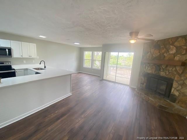 kitchen featuring appliances with stainless steel finishes, a fireplace, sink, white cabinets, and kitchen peninsula