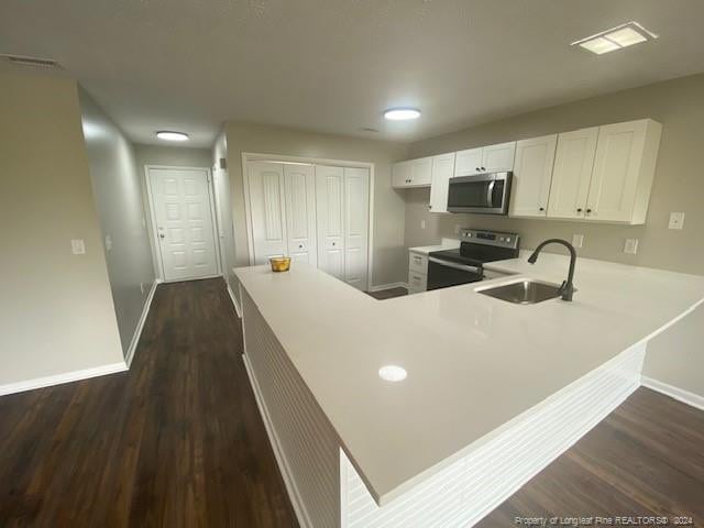 kitchen with dark wood-type flooring, sink, kitchen peninsula, stainless steel appliances, and white cabinets