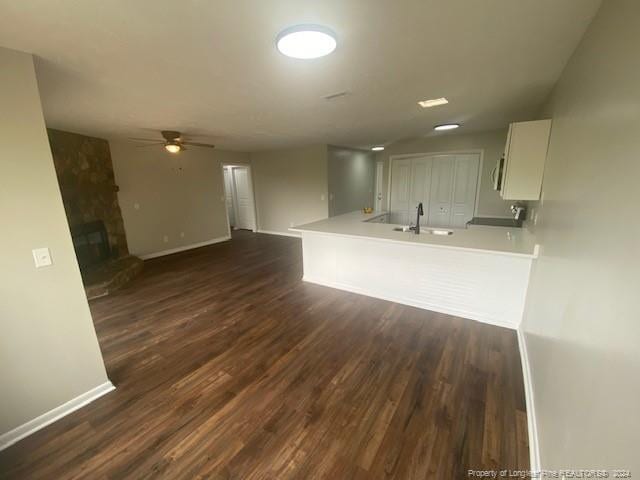 kitchen with dark wood-type flooring, a stone fireplace, sink, kitchen peninsula, and white cabinets