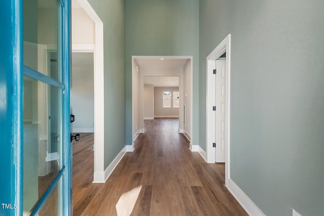 hall featuring a high ceiling and dark wood-type flooring