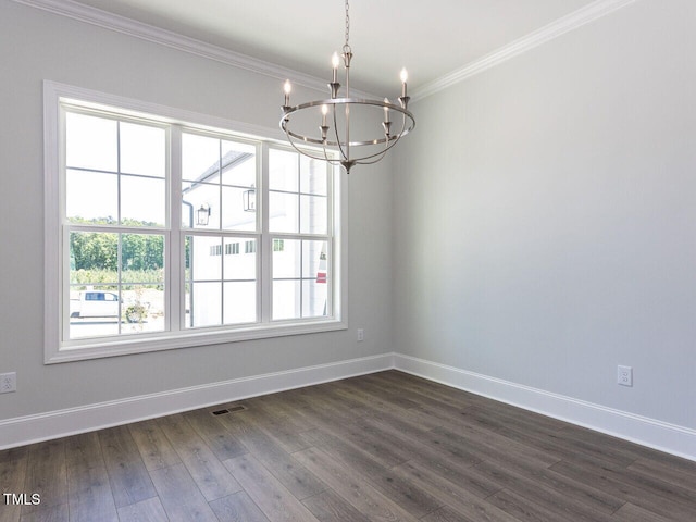 6052 Scalybark Rd, Durham, NC 27712 - unfurnished dining area featuring visible vents, dark wood finished floors, baseboards, an inviting chandelier, and ornamental molding