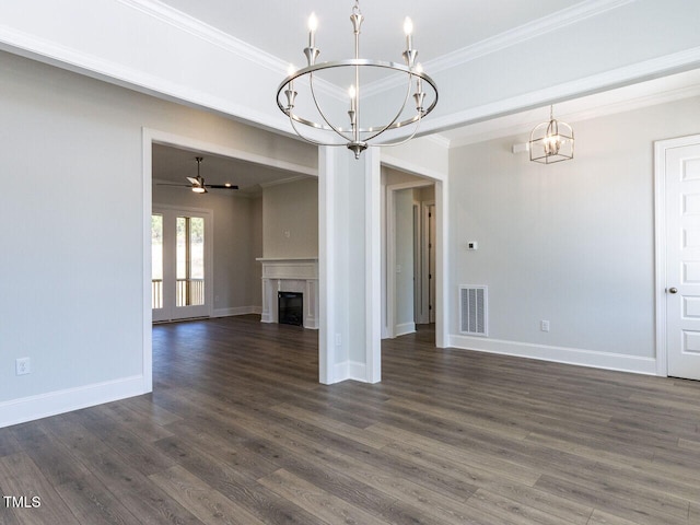 6052 Scalybark Rd, Durham, NC 27712 - interior space featuring baseboards, visible vents, ornamental molding, and dark wood-type flooring