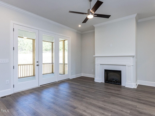6052 Scalybark Rd, Durham, NC 27712 - unfurnished living room featuring a ceiling fan, french doors, visible vents, crown molding, and dark wood-style floors