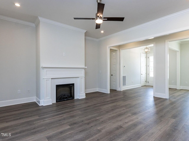 6052 Scalybark Rd, Durham, NC 27712 - unfurnished living room featuring crown molding, dark wood finished floors, ceiling fan, and baseboards