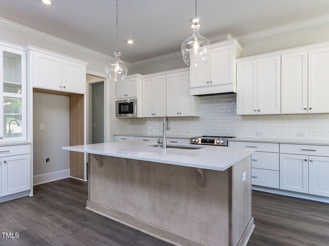 6052 Scalybark Rd, Durham, NC 27712 - kitchen with a sink, an island with sink, stainless steel appliances, white cabinetry, and dark wood-type flooring