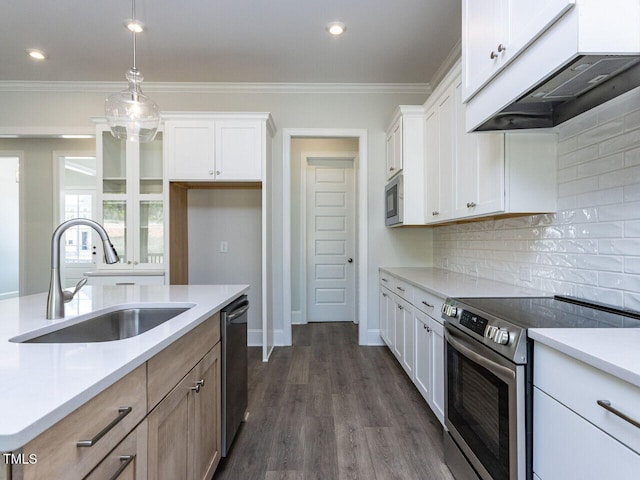 6052 Scalybark Rd, Durham, NC 27712 - kitchen featuring appliances with stainless steel finishes, a sink, white cabinetry, tasteful backsplash, and under cabinet range hood
