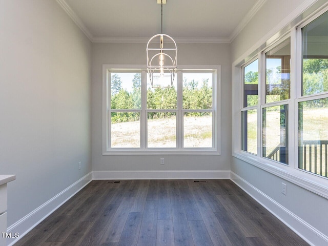 6052 Scalybark Rd, Durham, NC 27712 - unfurnished dining area with crown molding, baseboards, plenty of natural light, and dark wood-style flooring