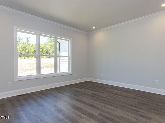 6052 Scalybark Rd, Durham, NC 27712 - unfurnished room with crown molding, dark wood-style flooring, recessed lighting, baseboards, and visible vents