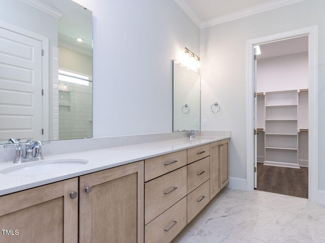 6052 Scalybark Rd, Durham, NC 27712 - full bathroom featuring a sink, crown molding, and double vanity