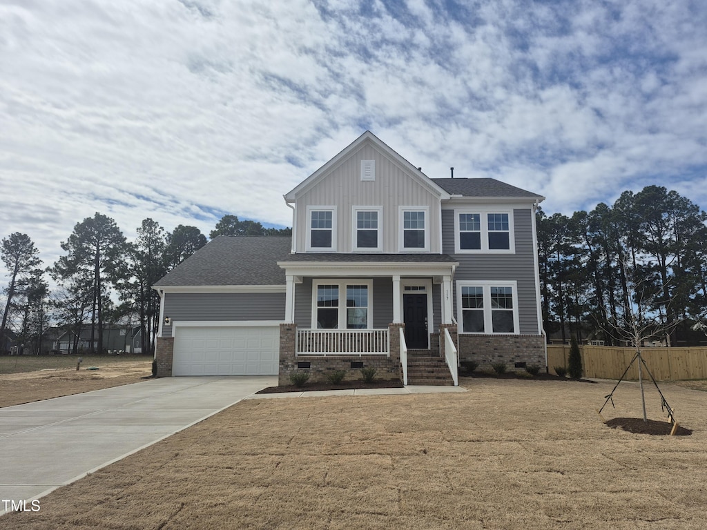 117 Shelby Meadow Ln, Angier, NC 27501 - craftsman house featuring a porch, a garage, fence, concrete driveway, and crawl space