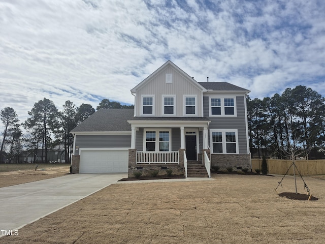 craftsman house featuring a porch, a garage, fence, concrete driveway, and crawl space