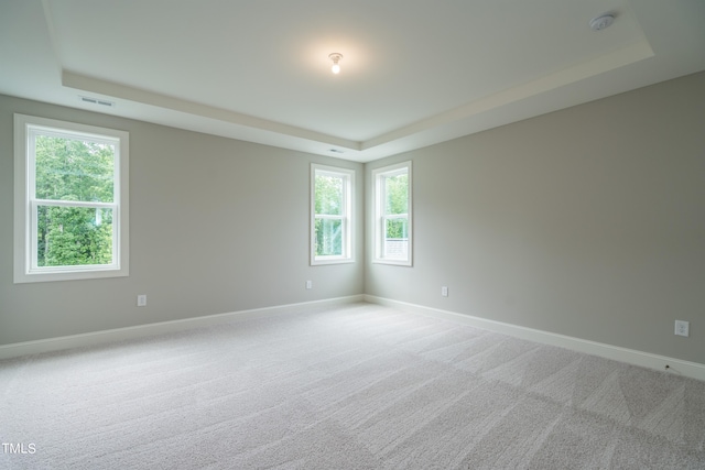 empty room with a healthy amount of sunlight, carpet, visible vents, and a raised ceiling