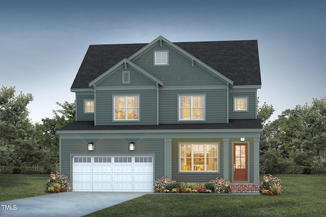 craftsman-style house with a shingled roof, an attached garage, driveway, and a front lawn