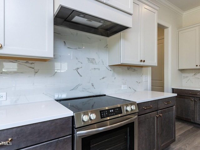 kitchen featuring ornamental molding, light countertops, under cabinet range hood, backsplash, and stainless steel range with electric cooktop