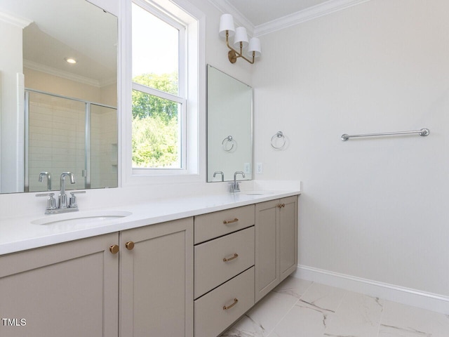 bathroom with baseboards, a sink, a stall shower, and double vanity