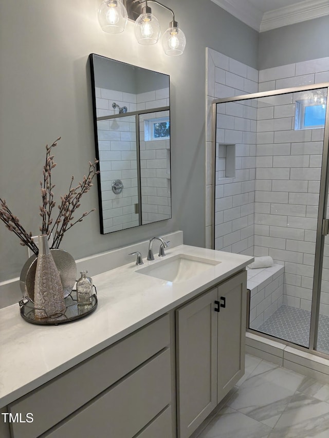 bathroom featuring crown molding, vanity, and an enclosed shower
