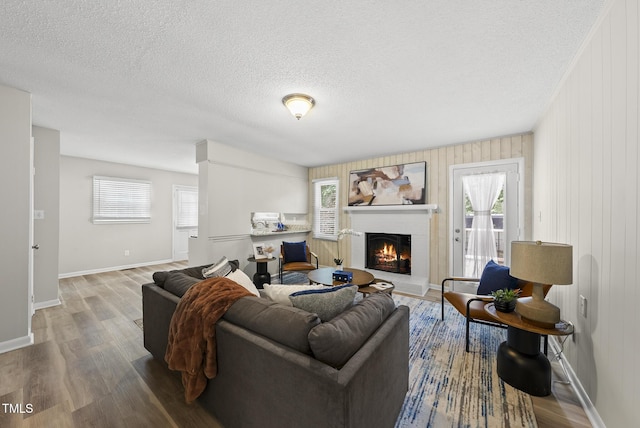 603 E Park St, Cary, NC 27511 - living area with a fireplace, a textured ceiling, wood finished floors, and plenty of natural light