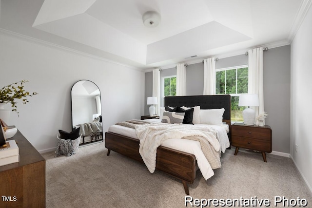 bedroom with ornamental molding, a raised ceiling, and light carpet