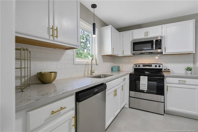 kitchen featuring white cabinets, appliances with stainless steel finishes, sink, and decorative backsplash