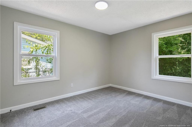 carpeted empty room featuring a textured ceiling