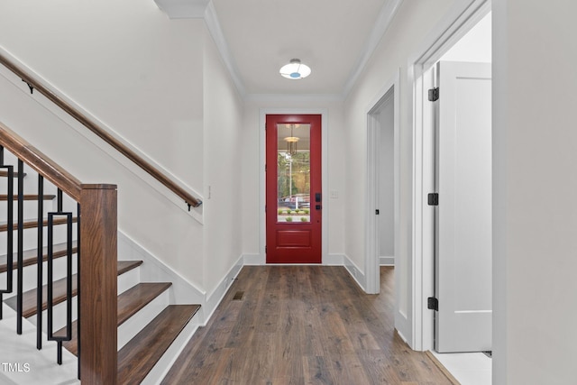 foyer entrance featuring ornamental molding and dark hardwood / wood-style flooring