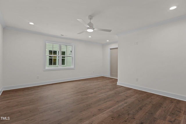 spare room with ceiling fan, crown molding, and dark hardwood / wood-style flooring