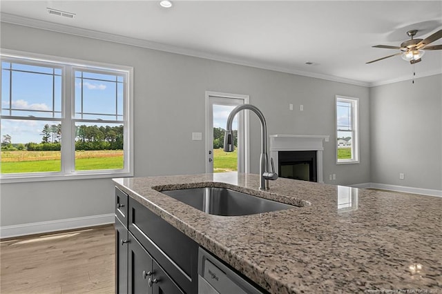 kitchen featuring visible vents, a glass covered fireplace, ornamental molding, light stone countertops, and a sink