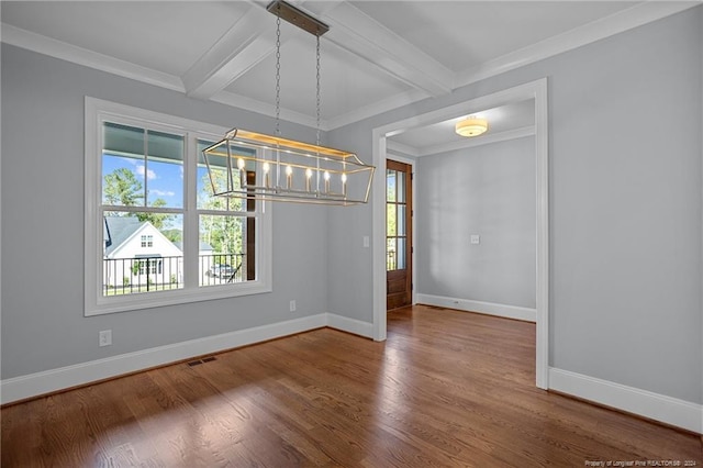 unfurnished dining area with beamed ceiling, plenty of natural light, and an inviting chandelier