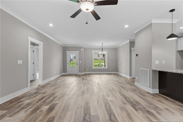 unfurnished living room with visible vents, light wood-style flooring, baseboards, and ceiling fan with notable chandelier