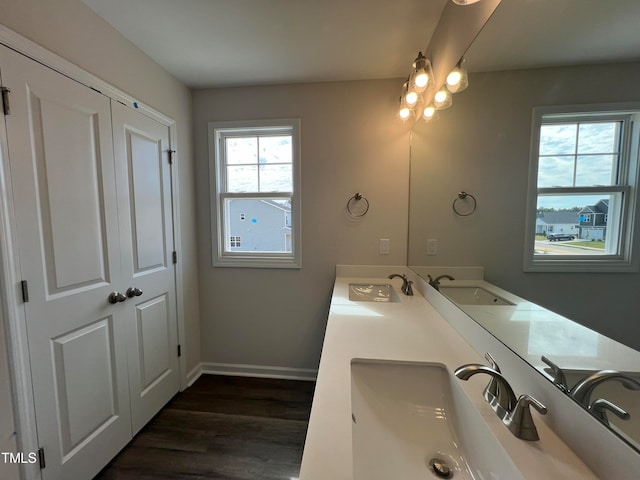 bathroom with vanity and hardwood / wood-style floors