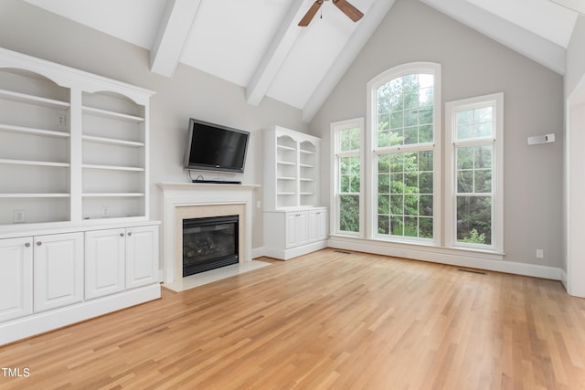 unfurnished living room featuring ceiling fan, light wood-type flooring, and lofted ceiling