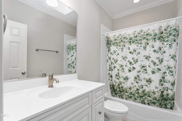 full bathroom featuring vanity, a skylight, shower / bath combination with curtain, toilet, and crown molding