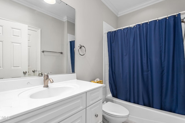 full bathroom with crown molding, toilet, shower / bath combination with curtain, and vanity