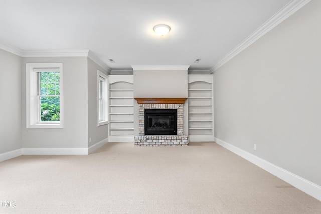 unfurnished living room featuring carpet, a brick fireplace, and ornamental molding