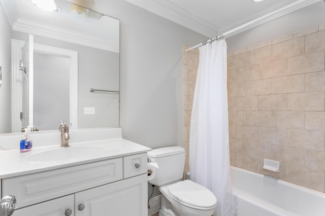 full bathroom featuring vanity, toilet, shower / bath combination with curtain, and crown molding