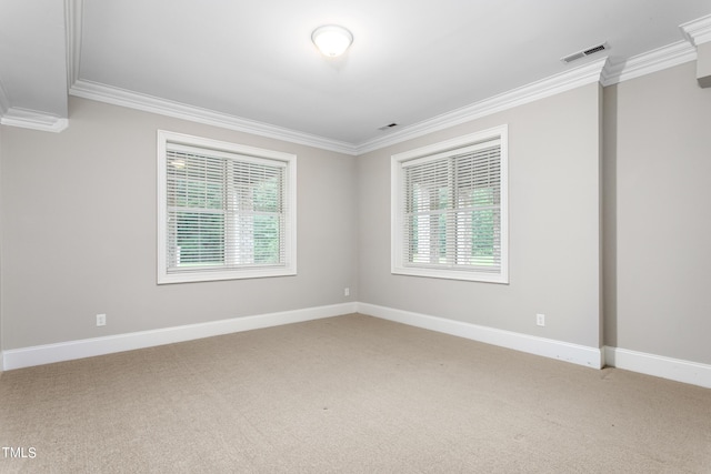 carpeted spare room featuring crown molding and a wealth of natural light