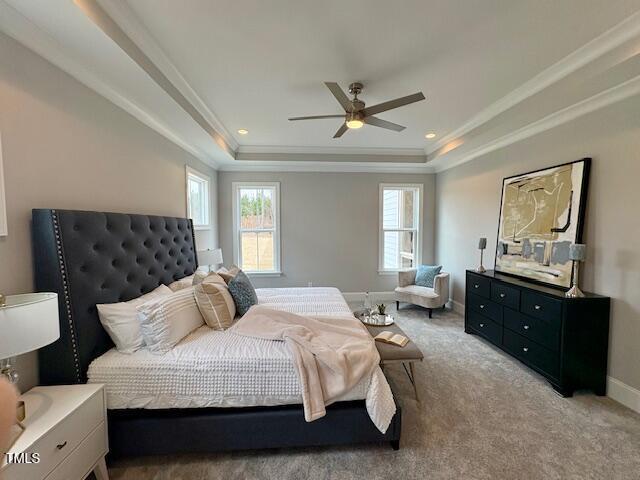 bedroom with ornamental molding, a raised ceiling, and multiple windows