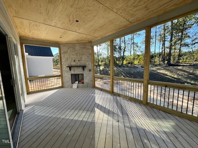 deck with a fireplace