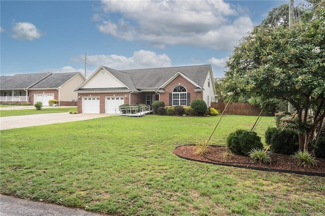 single story home with brick siding, an attached garage, a front lawn, fence, and driveway