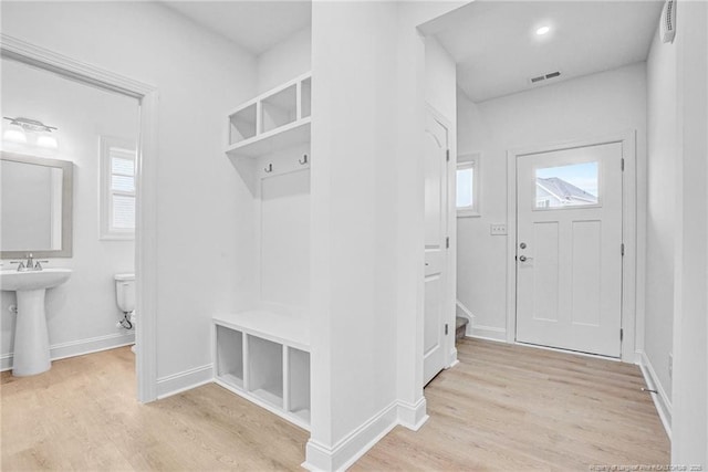 mudroom with sink and light wood-type flooring