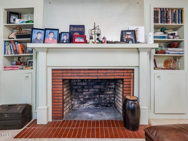 interior details with a fireplace and built in features