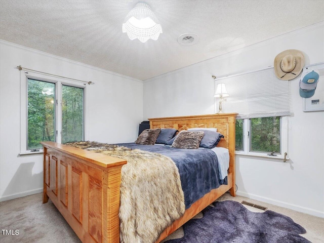 bedroom with multiple windows, light colored carpet, and a textured ceiling