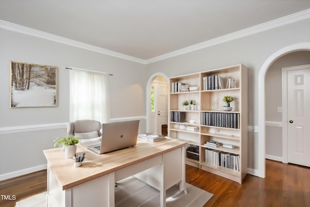 home office featuring dark hardwood / wood-style floors and crown molding