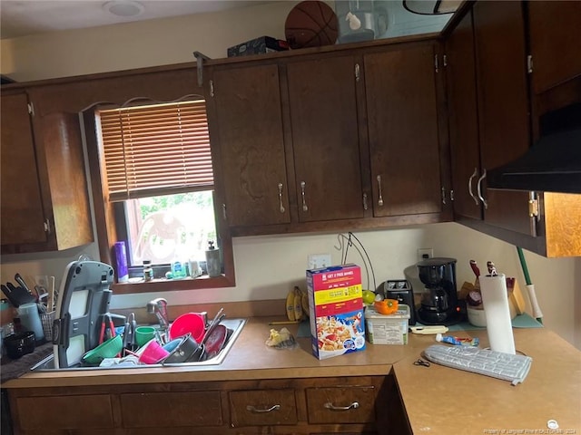 kitchen with light countertops, a sink, and dark brown cabinetry