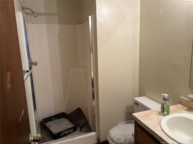 full bathroom featuring a stall shower, vanity, and toilet