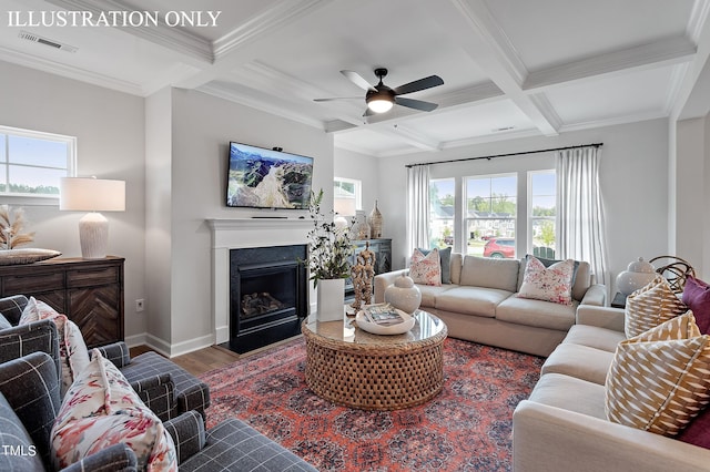 living room with ceiling fan, ornamental molding, hardwood / wood-style flooring, beam ceiling, and coffered ceiling