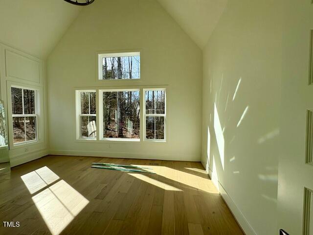 interior space with wood-type flooring and high vaulted ceiling