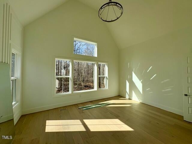 additional living space with hardwood / wood-style flooring and high vaulted ceiling