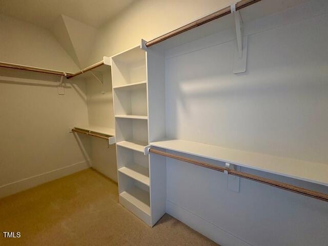 walk in closet featuring light colored carpet