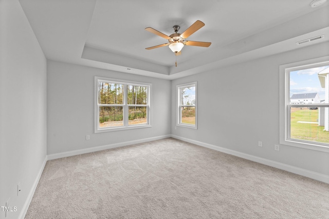 empty room with carpet flooring, a healthy amount of sunlight, a raised ceiling, and ceiling fan